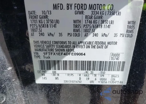 2013 Ford F-150 Xlt z USA, uszkodzony, nr VIN 1FTFX1EF4DFE09064